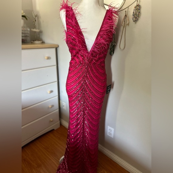 Lulu’s Magenta Sequin Feather Maxi Dress - Picture 3 of 8